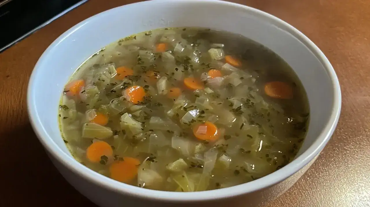 Un bol de soupe au chou réconfortante, garnie de carottes et d'herbes fraîches.
