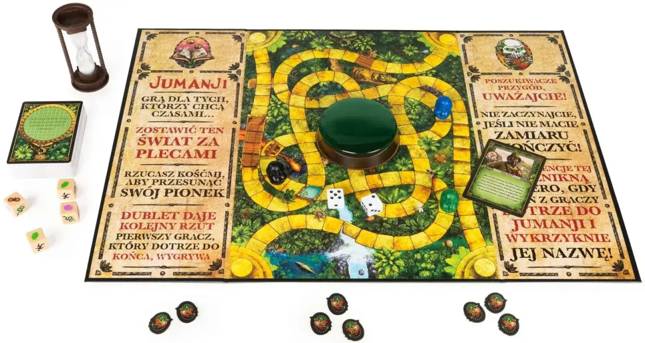 Plansza do gry Jumanji z klepsydrą, kostkami i kartami. Przygotuj się na przygodę, rzucaj kostkami i wygraj!