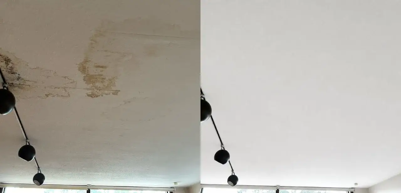 Vorher-Nachher-Vergleich: Dunkle Wasserflecken an der Decke verschwunden, makellos wei&szlig;e Wand.
