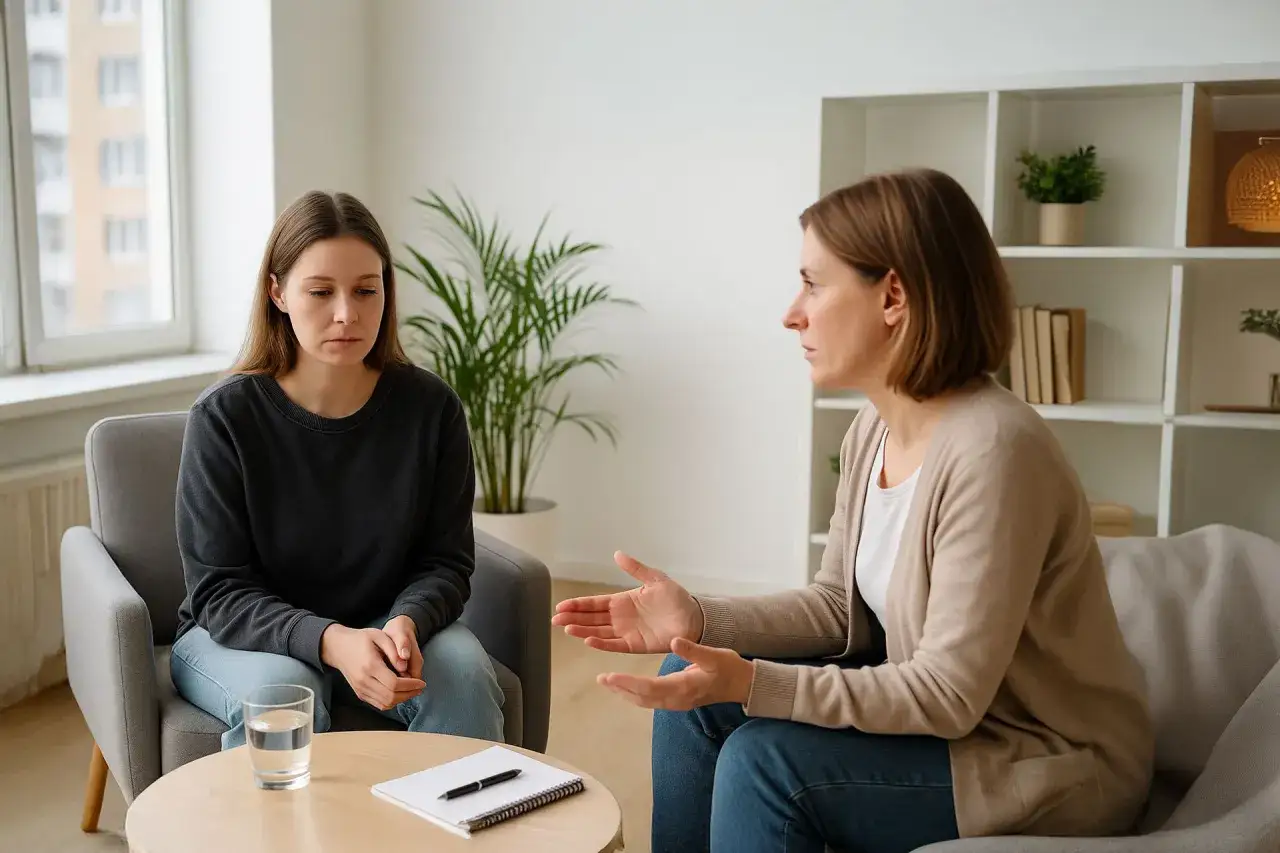 Zwei Frauen im Gespräch, eine hört aufmerksam zu, die andere erklärt etwas. Sie lernen, wie man richtig streitet, um Konflikte zu lösen.