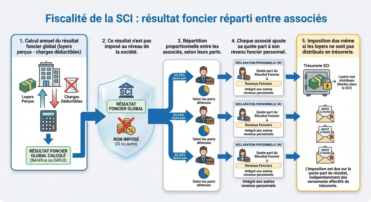 Schéma expliquant la fiscalité d'une SCI : calcul du résultat foncier, sa répartition entre associés et l'imposition individuelle, même sans distribution.