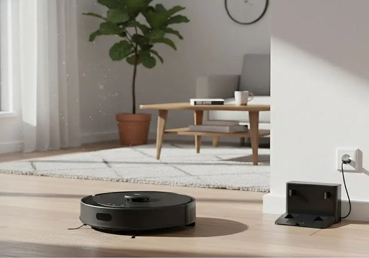 Aspiradora robot negra en acción, realizando un mapeo rápido de la sala de estar.