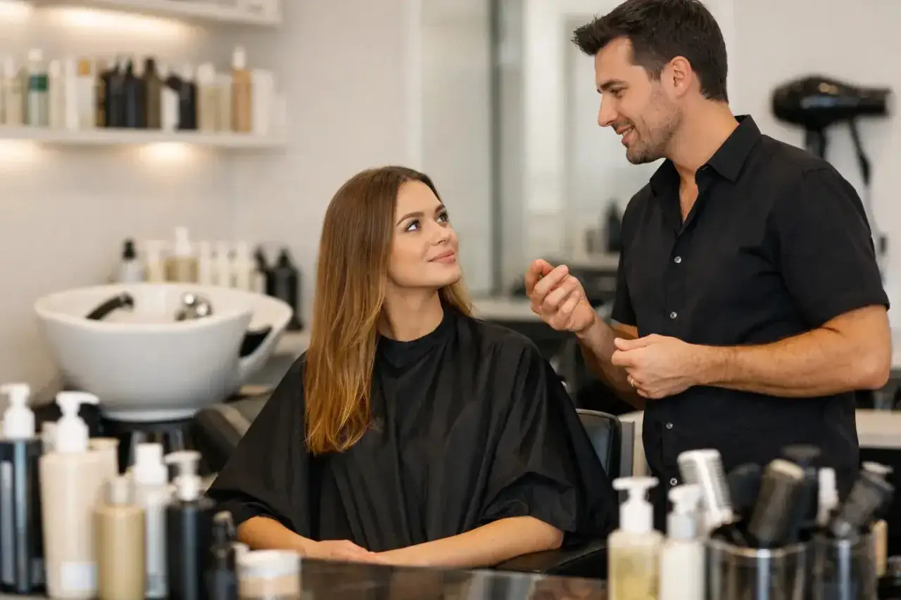 Parrucchiere consiglia trattamenti per capelli grassi e fini a una cliente in salone.
