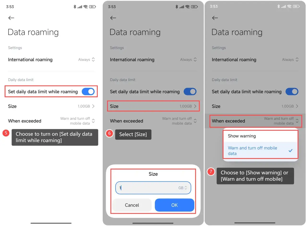 Jak włączyć roaming: Ustaw limit danych na dzień w roamingu, wybierz rozmiar (np. 1 GB) i zdecyduj, czy ma się wyświetlić ostrzeżenie, czy dane mają zostać wyłączone po przekroczeniu limitu.
