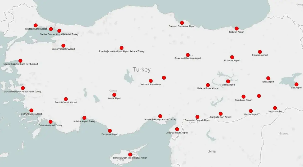 Mapa lotnisk Gazipaşa i Antalya względem Alanyi