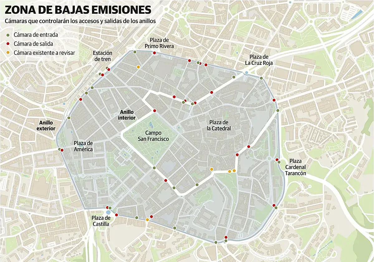Mapa de Zona de Bajas Emisiones con cámaras de control. Indica hasta cuando pueden circular los coches sin pegatina.