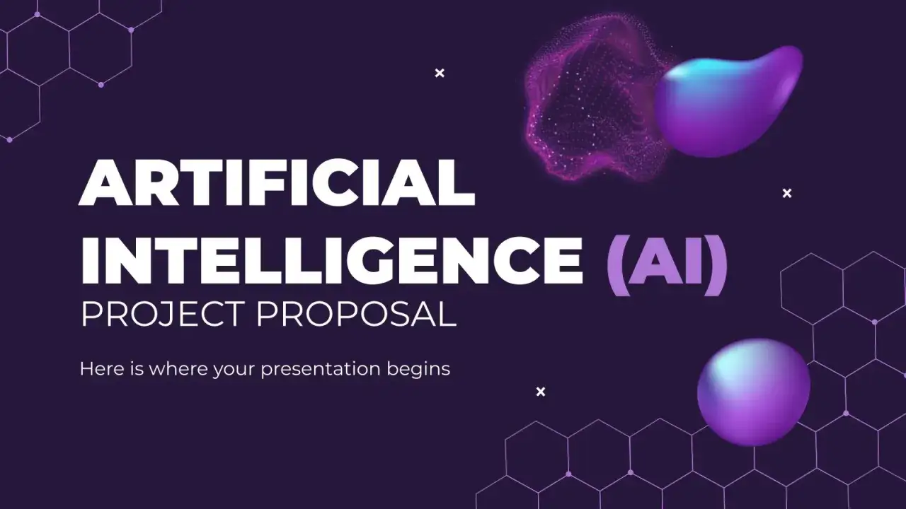 Proposta di progetto sull'intelligenza artificiale (AI). Le slide go, con elementi grafici futuristici e sfere luminose.