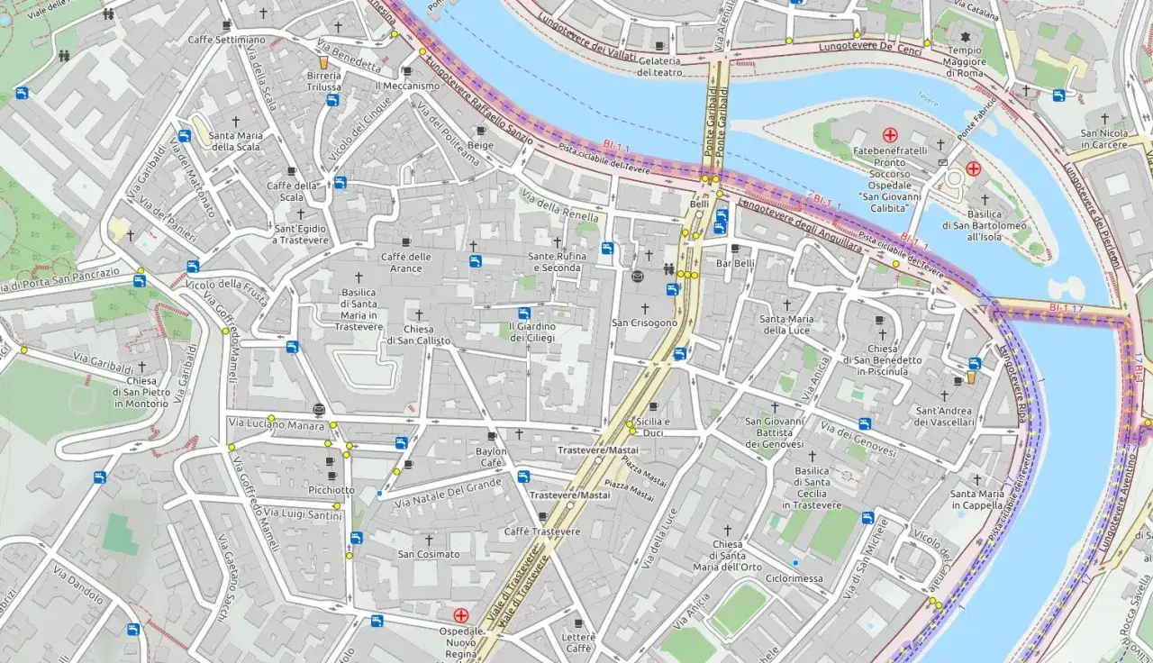 Mappa di Roma, quartiere Trastevere, con vie, chiese e locali. 00153 Roma quartiere.