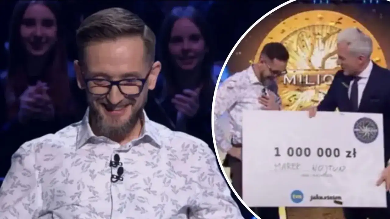 Marek Wojtun w odcinku Milionerzy, w którym wygrał milion złotych. Uśmiechnięty uczestnik i prowadzący z czekiem.