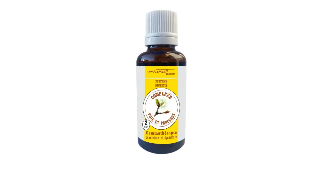 Flacon de gemmothérapie pour comment nettoyer son foie et pancréas naturellement. Complexe Foie et Pancréas, système digestif.