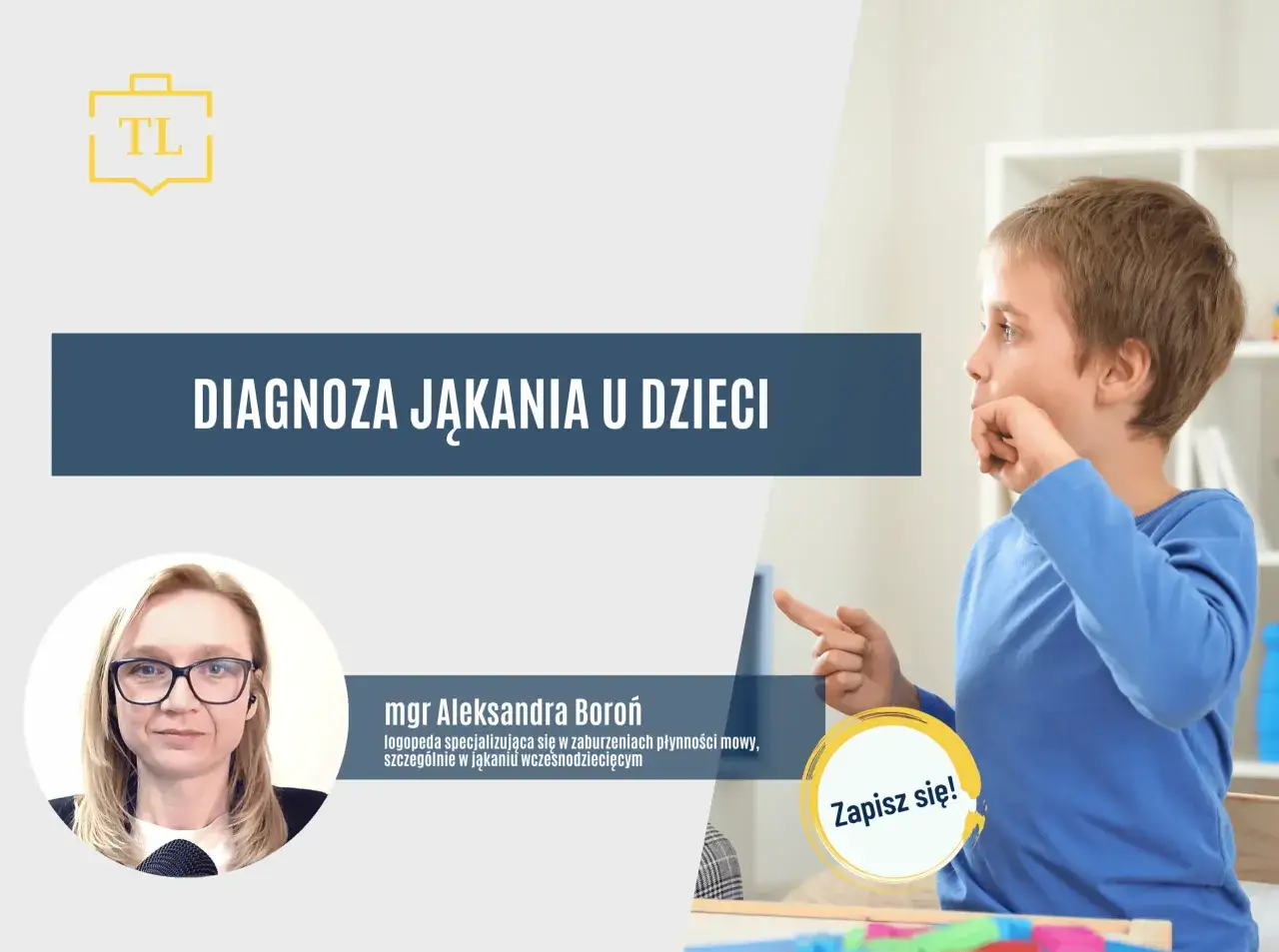 Chłopiec ćwiczy mowę, by pokonać jąkanie. Logopeda Aleksandra Boroń zaprasza na diagnozę.