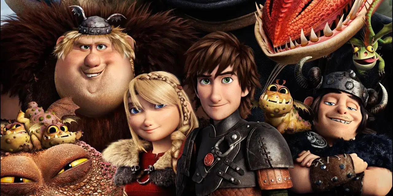 Hiccup i Astrid z przyjaci&oacute;łmi i smokami z 