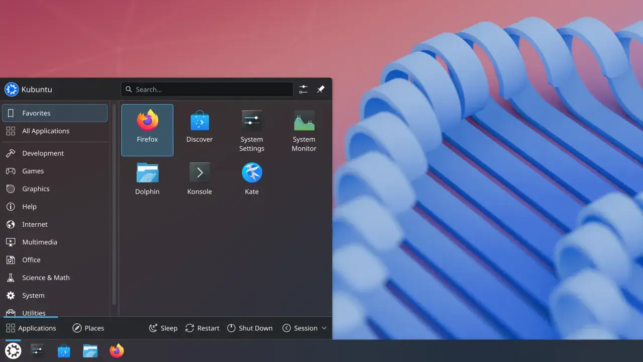 Menu startowe Kubuntu z ikonami Firefox, Dolphin, Discover, Konsole, Kate. System linux.