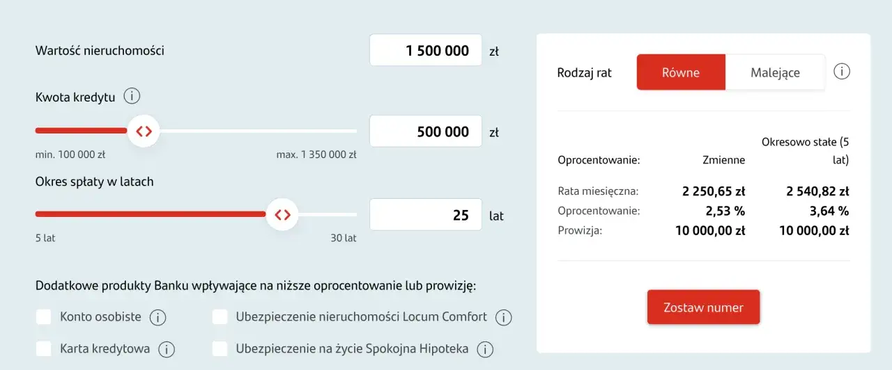 Kalkulator **santander kredyt hipoteczny**: wartość 1,5 mln zł, kwota 500 tys. zł, okres 25 lat, raty równe.