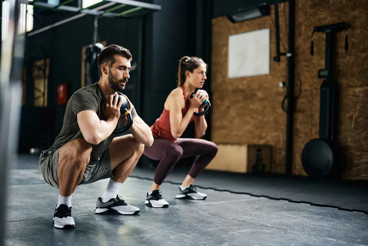 Ein Mann und eine Frau machen Kniebeugen mit Kurzhanteln im Fitnessstudio. Ihr gemeinsames Kurzhantel Training ist fokussiert und intensiv.