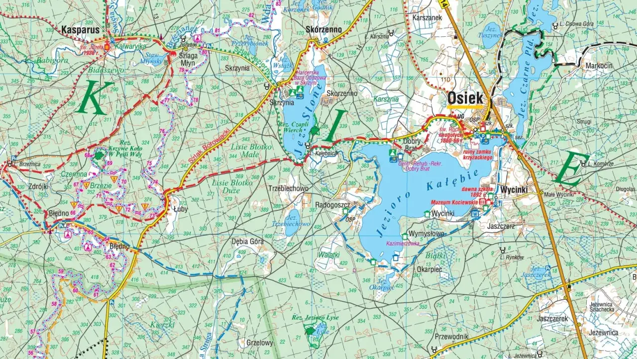 Mapa turystyczna Bory Tucholskie z zaznaczonymi jeziorami, lasami i miejscowościami, idealna do planowania wypoczynku.