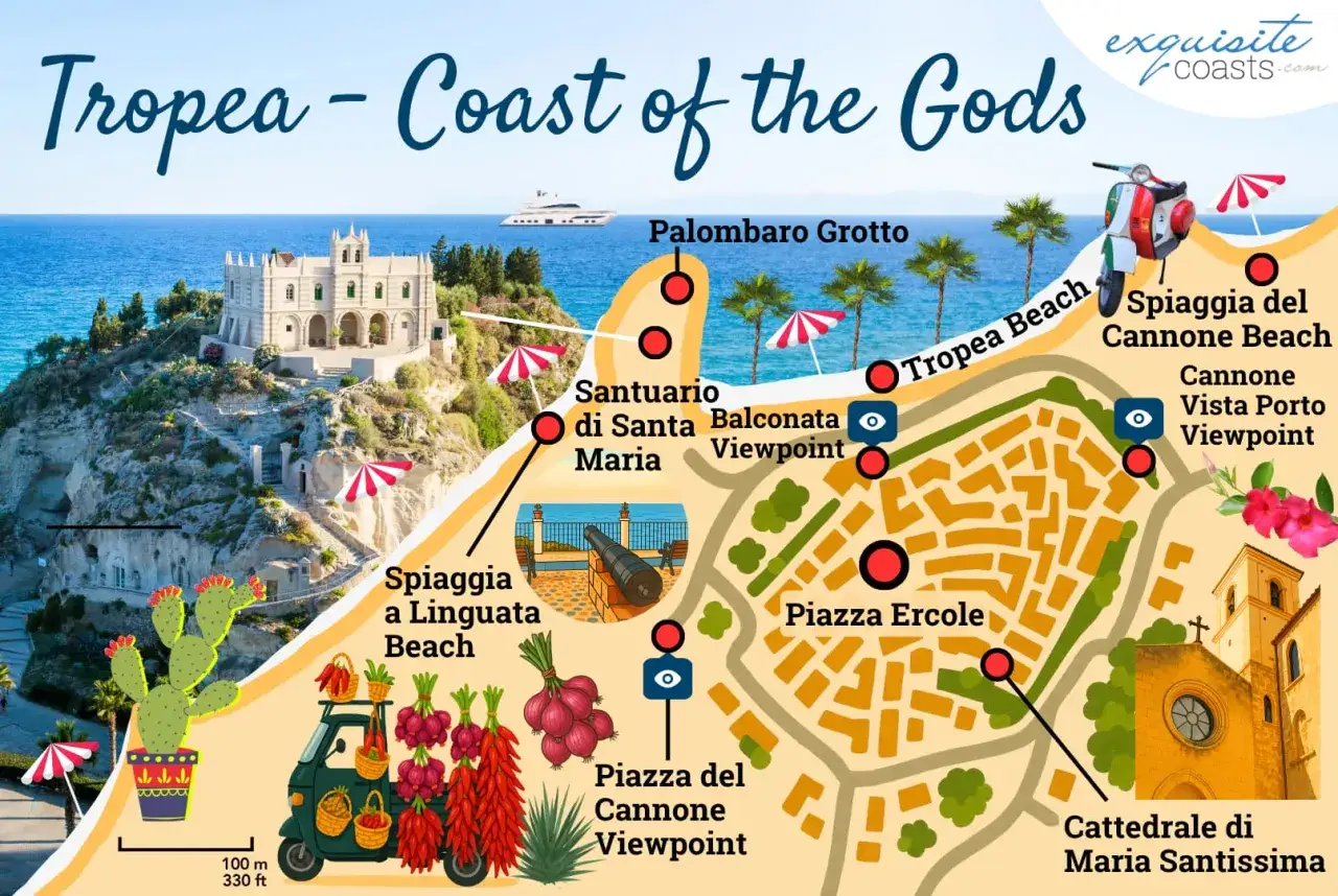 Kalabria mapa turystyczna: Tropea, wybrzeże bogów. Zobaczcie Santuario di Santa Maria, plaże i punkty widokowe.