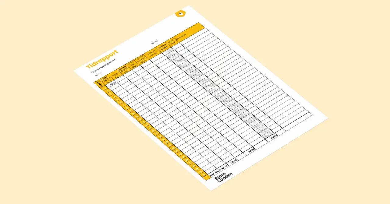 Tidrapport f&ouml;r Bj&ouml;rn Lunden visar en kalender f&ouml;r att registrera arbetstid, lunch och fr&aring;nvaro. Dokumentet kan anv&auml;ndas f&ouml;r att uppt&auml;cka missbruk av flextid.