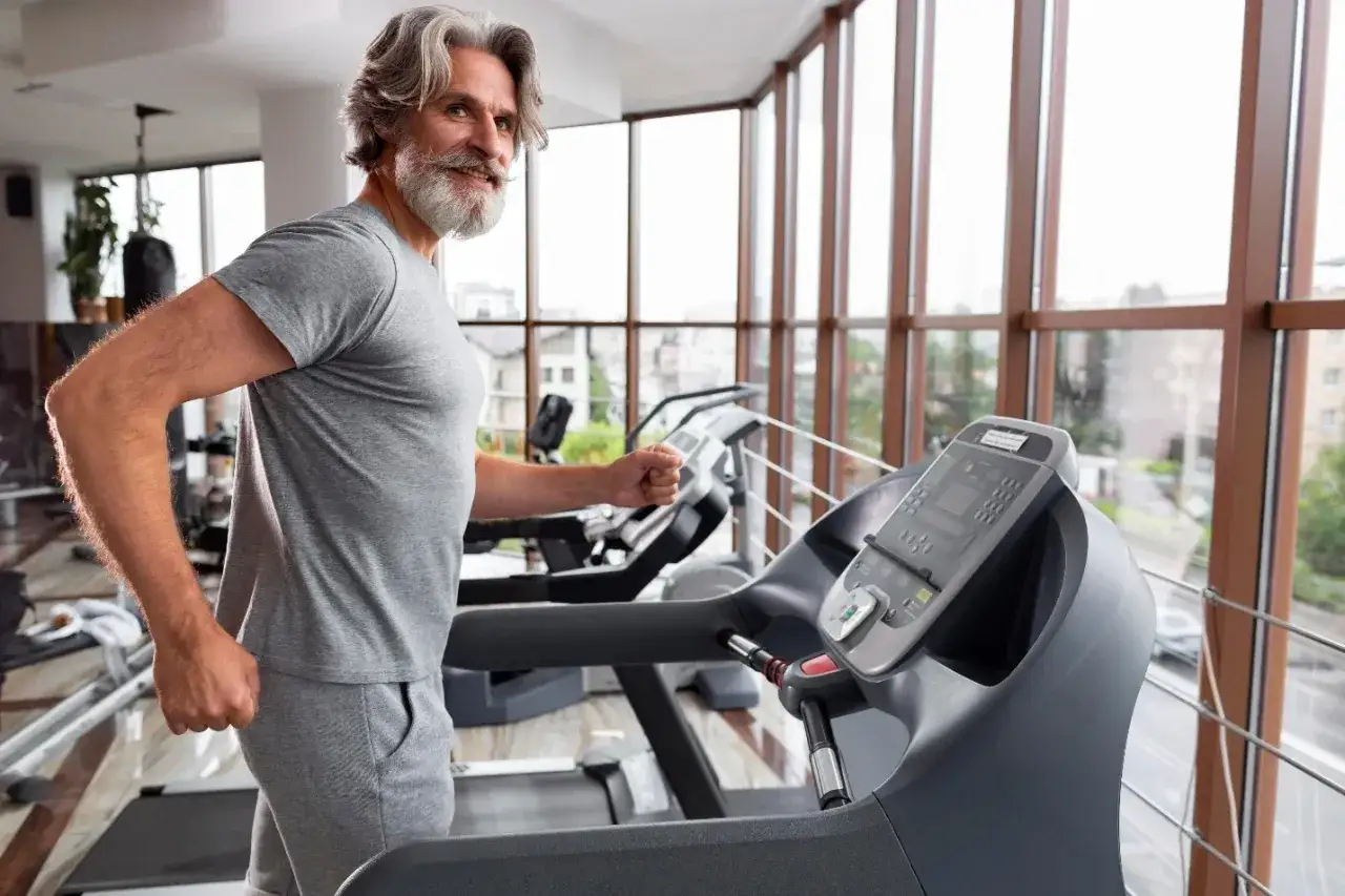 Siwy mężczyzna z brodą ćwiczy cardio na bieżni, ciesząc się porannym treningiem w siłowni z widokiem na miasto.