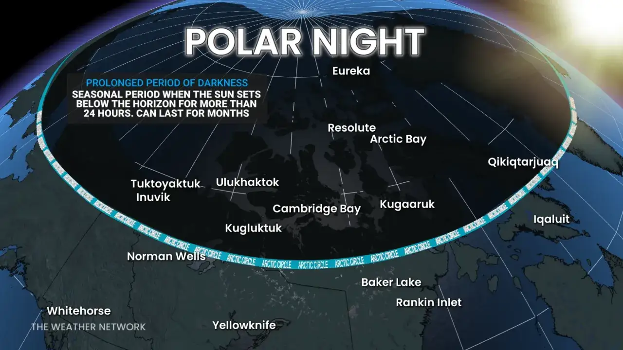 Mapa Kanady podczas polarnej nocy. Widać nazwy miejscowości na północy, takich jak Eureka, Resolute, Iqaluit, oraz zaznaczenie Kręgu Arktycznego.
