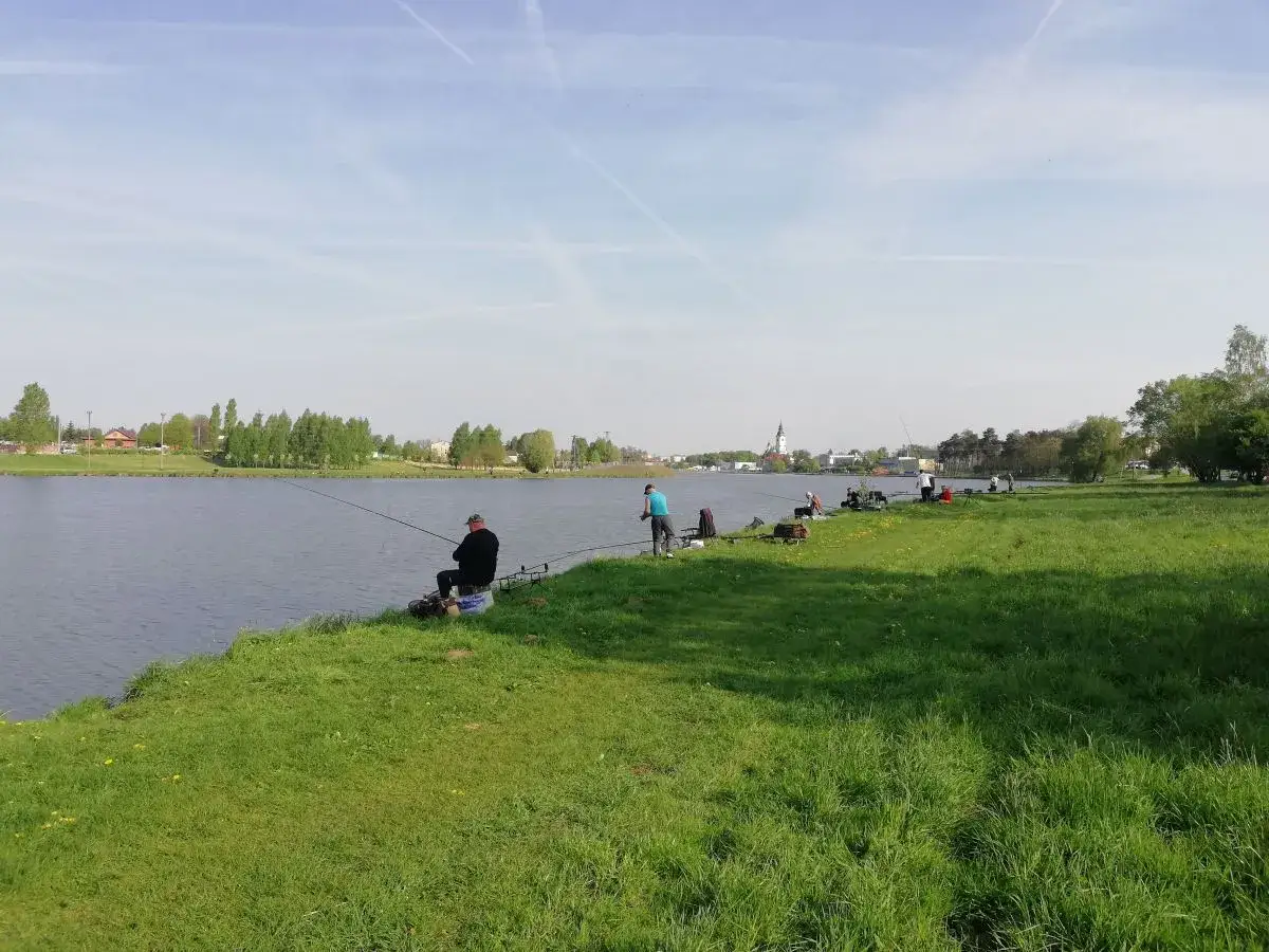 Wędkarze łowią ryby nad zalewem Stryków. Słoneczny dzień, zielona trawa i spokojna woda tworzą idealne warunki do relaksu.