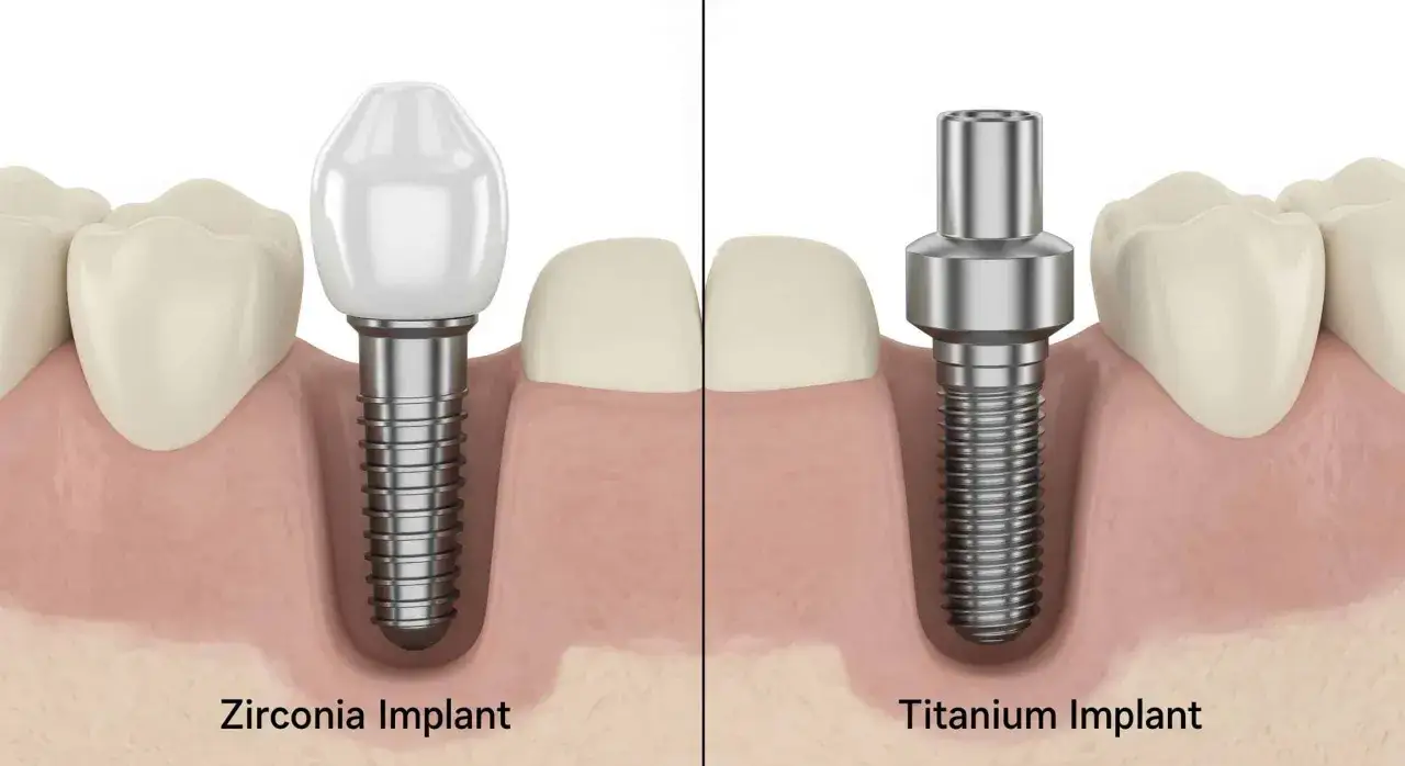 Confronto tra impianti in zirconia bianchi e impianti in titanio grigi, inseriti nelle gengive accanto a denti naturali.