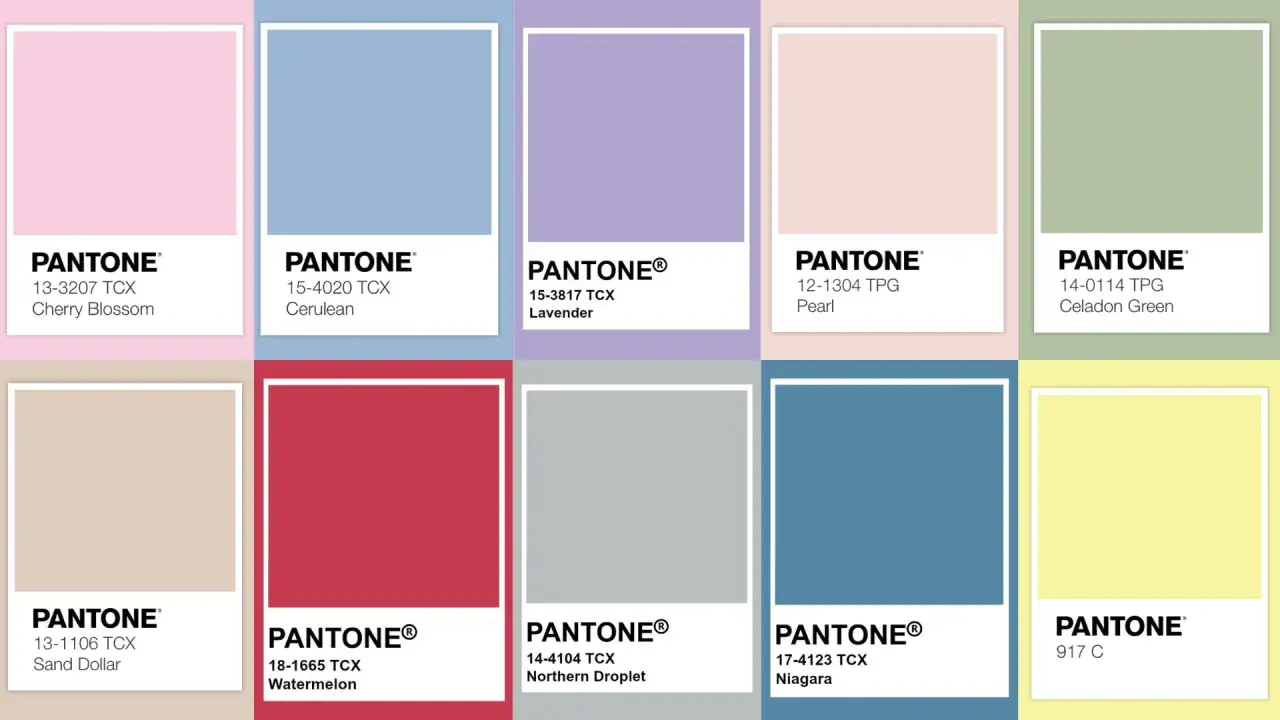 Palette di colori Pantone: rosa ciliegio, blu ceruleo, lavanda, perla, verde celadon, sabbia, rosso anguria, grigio e giallo limone. Un'estate assoluta palette.