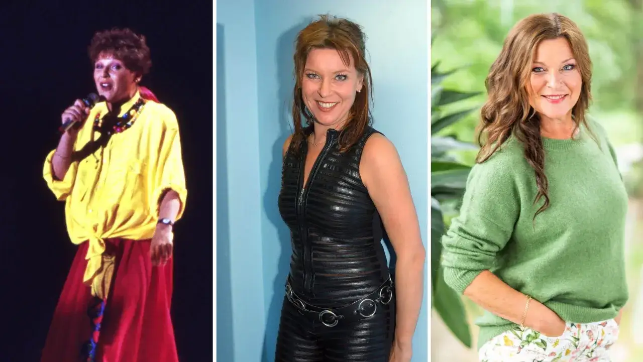 Lotta Engberg i tre olika outfits: scenkläder, läderdräkt och grön tröja.