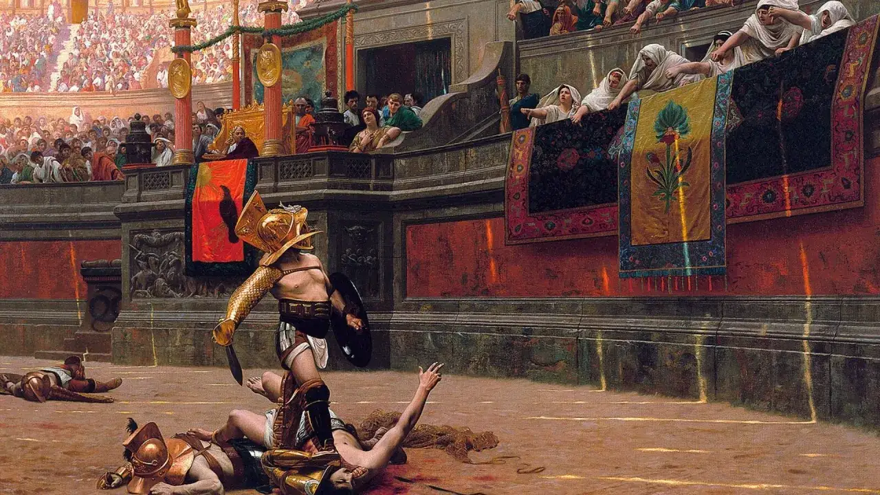 Zwycięski gladiator stoi nad pokonanymi przeciwnikami. Tłum na trybunach obserwuje krwawą walkę.