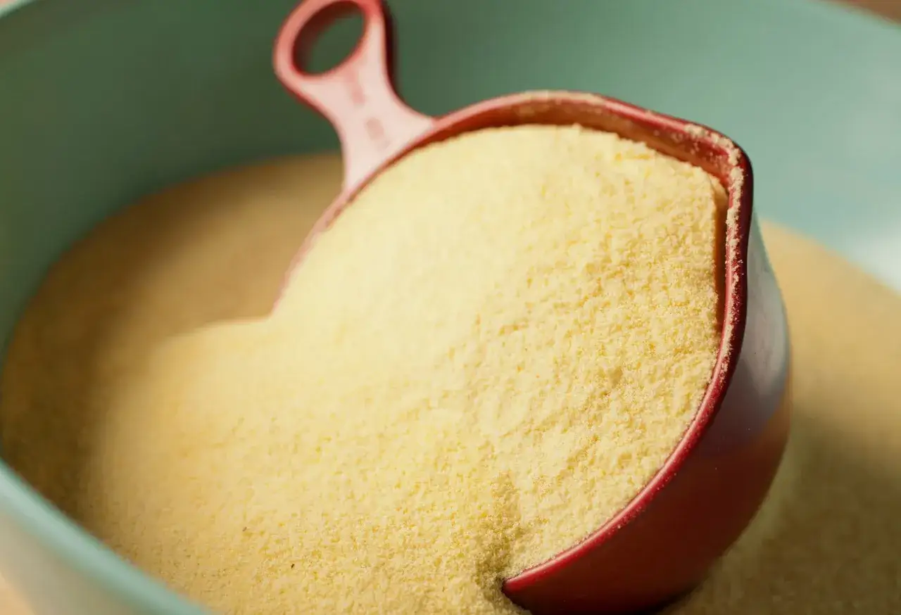 Żółta semolina w czerwonej miarce, gotowa do przygotowania pysznych potraw. Semolina co to? To mąka z pszenicy durum, idealna do makaronów i deserów.
