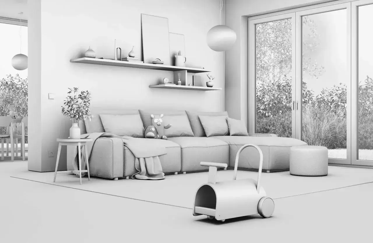 Nowoczesny salon z sofą, stolikiem i zabawką. Delikatne cienie, wynikające z ambient occlusion, podkreślają głębię i fakturę mebli.