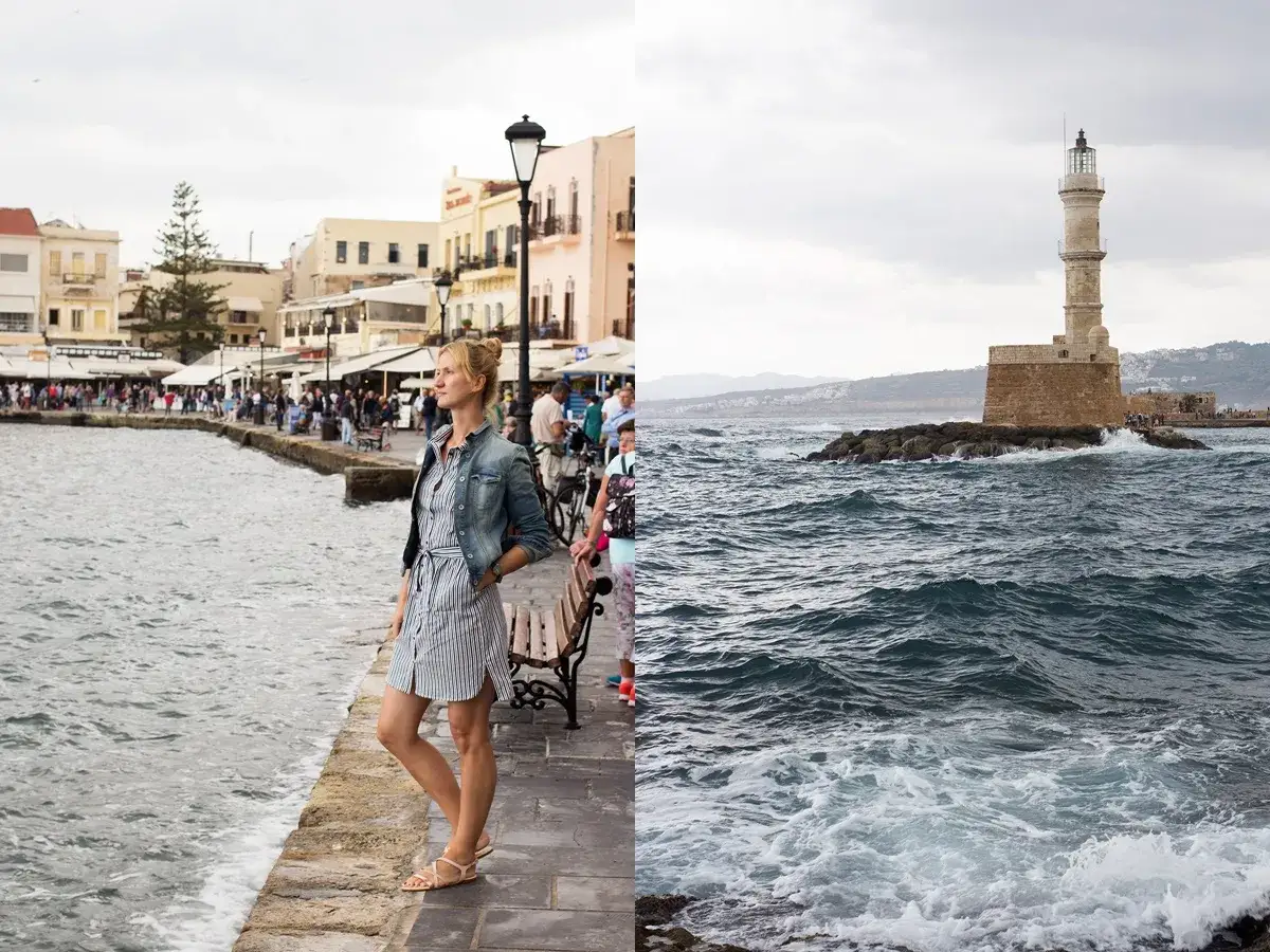 Kobieta spaceruje po nabrzeżu w Chanii, Kreta. Październikowa pogoda jest pochmurna, ale morze jest wzburzone. W oddali widać latarnię morską.