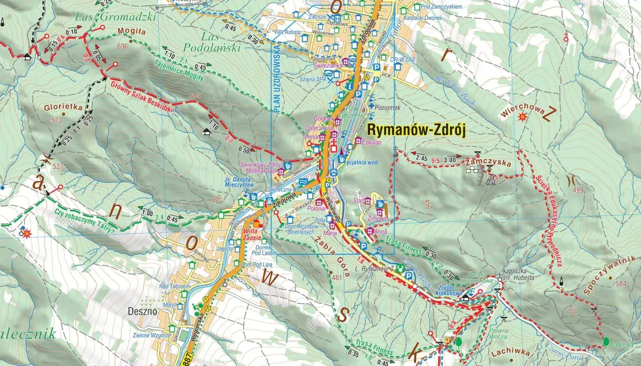 Mapa turystyczna Rymanowa-Zdroju z zaznaczonymi szlakami, punktami widokowymi i informacją o opłacie klimatycznej.