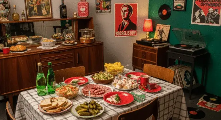 Stół na prywatkę w PRL, zimna płyta lata 80