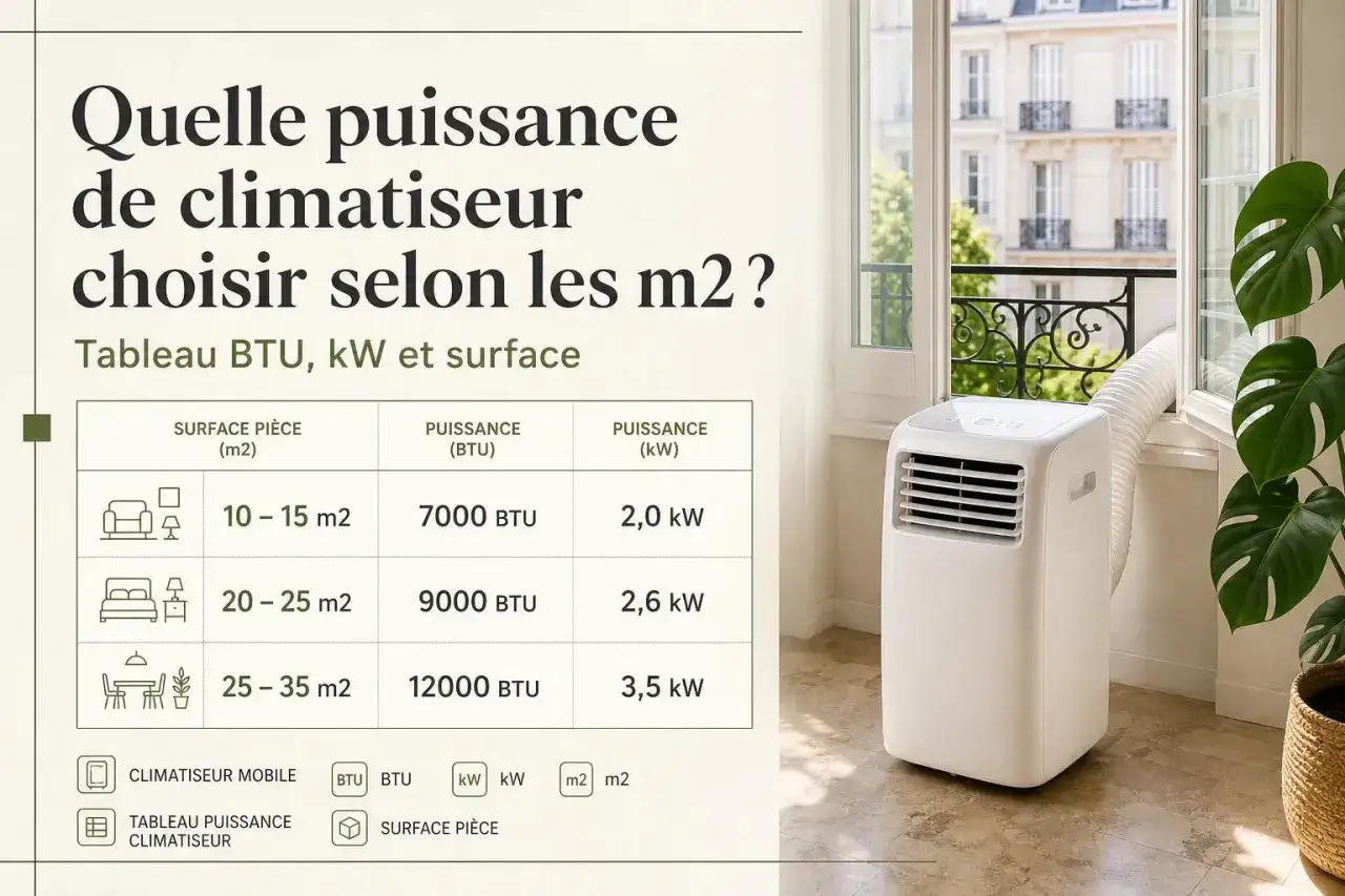Tableau de puissance climatiseur : guide pour choisir la bonne capacité (BTU, kW) selon la surface de votre pièce.