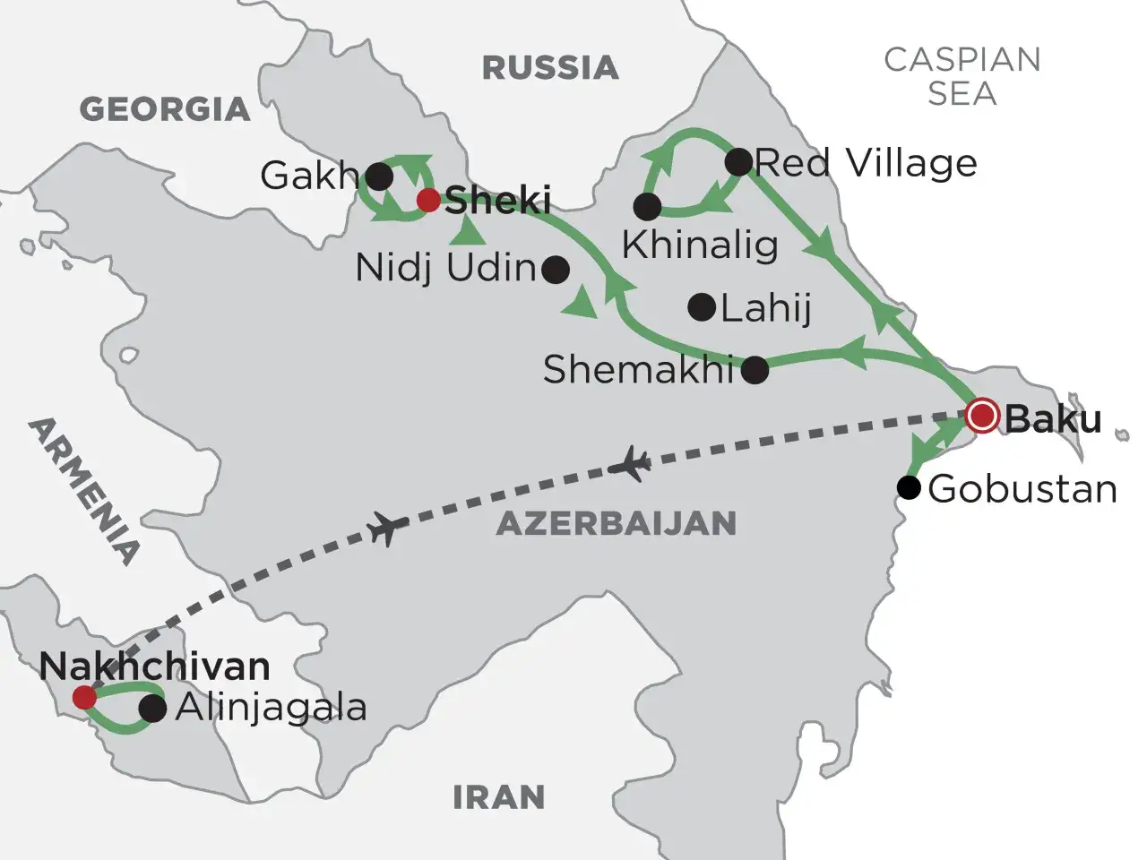Mapa pokazuje trasę wycieczki po Azerbejdżanie, obejmującą Baku, Gobustan, Lahij, Khinalig, Sheki, Gakh i Nachiczwan. Odkryj azerbejdżan atrakcje!