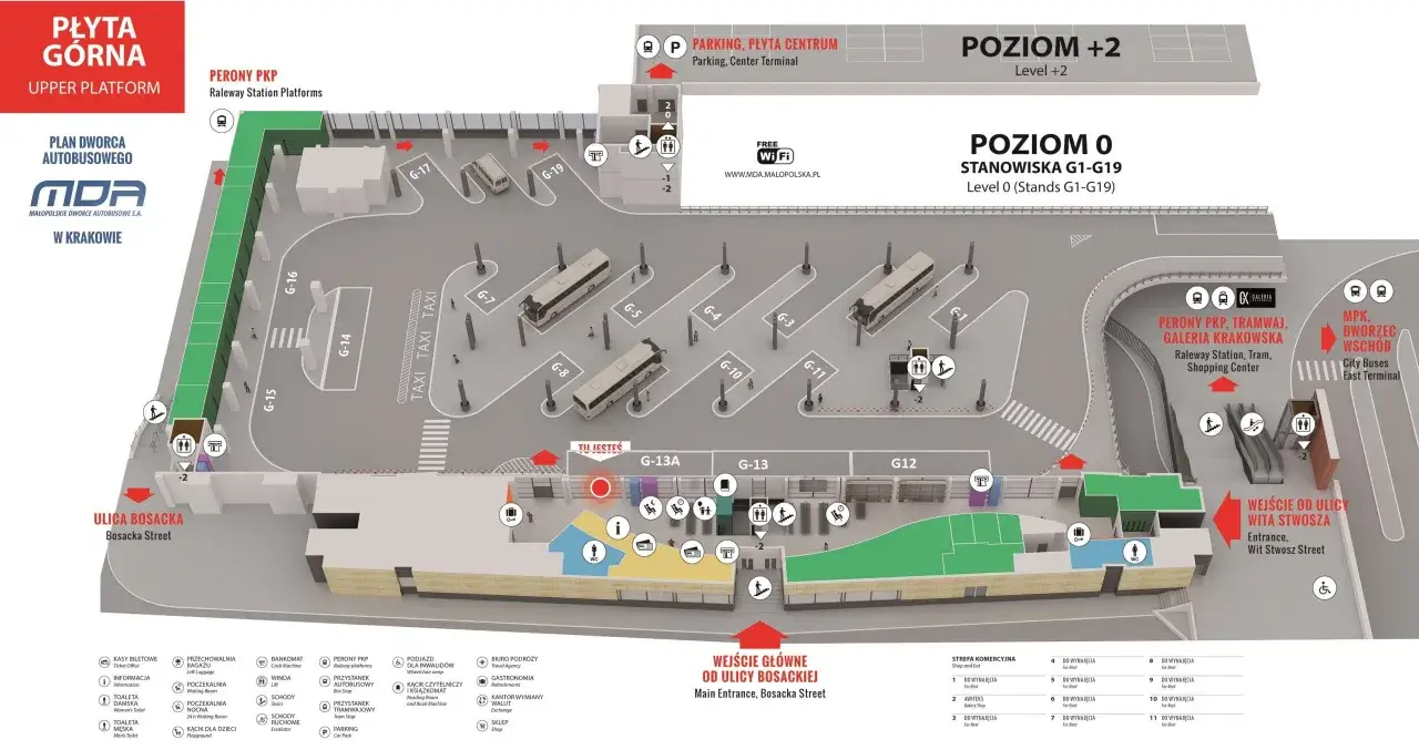 Dworzec MDA Krak&oacute;w płyta g&oacute;rna stanowiska autobusowe
