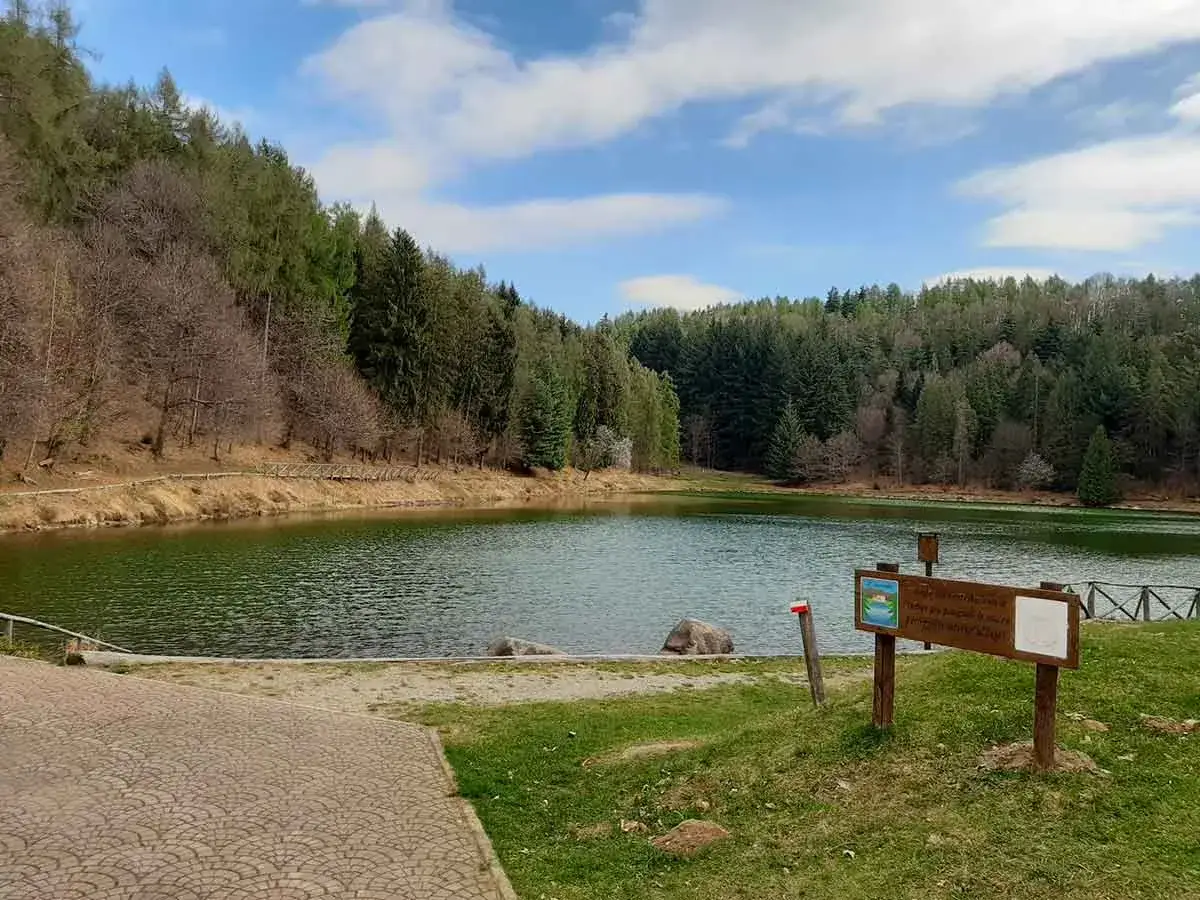 Lago di Val Chiusella, circondato da boschi rigogliosi e con un cielo azzurro punteggiato di nuvole.