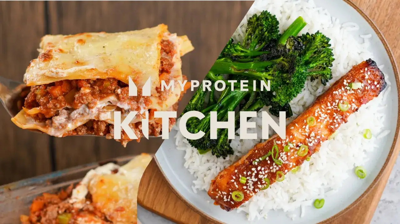 Myprotein Kitchen visar en saftig lasagne och en glaserad lax med ris och broccoli. Perfekt för ditt deff kostschema!