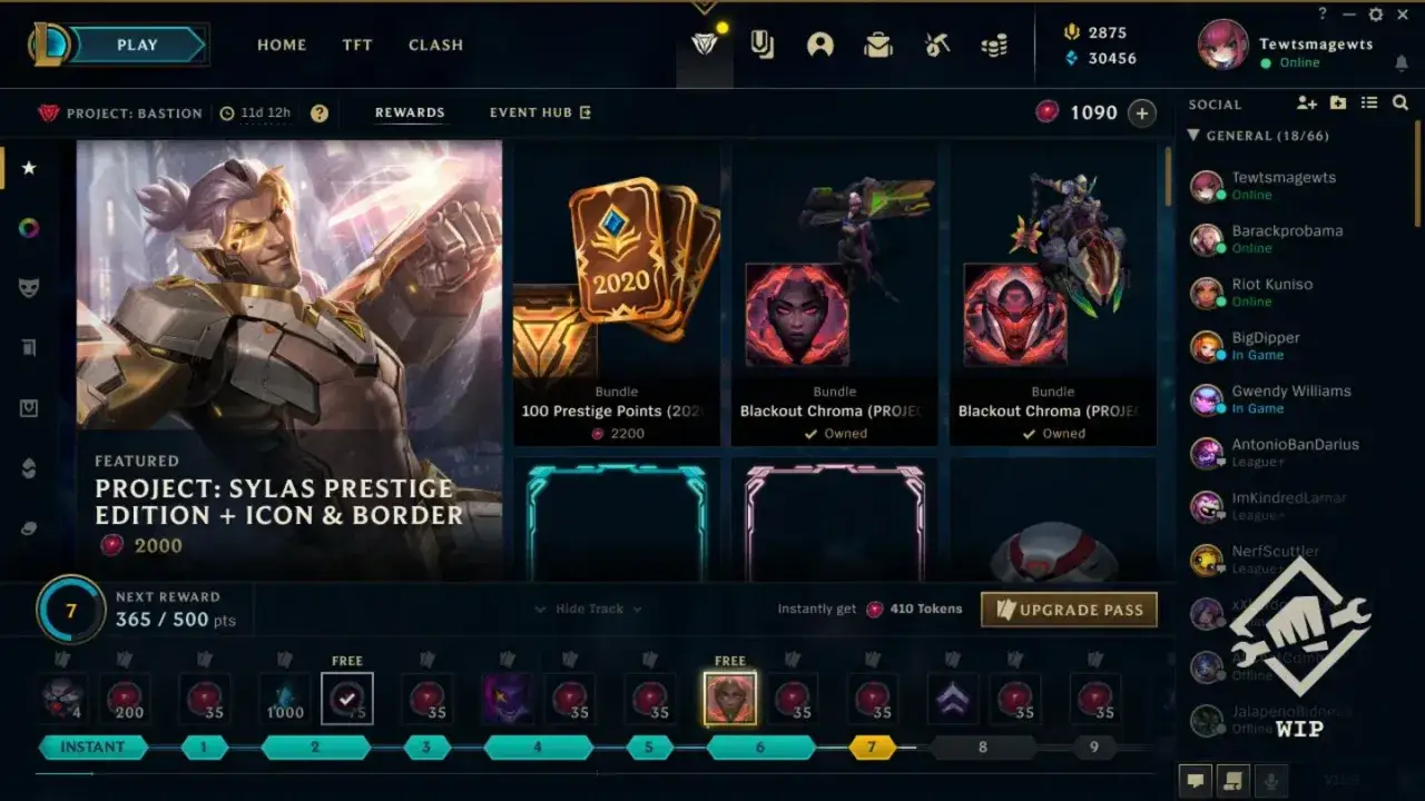 League of Legends battle pass z Project: Sylas Prestige Edition. Widoczne nagrody, punkty i opcje ulepszenia.