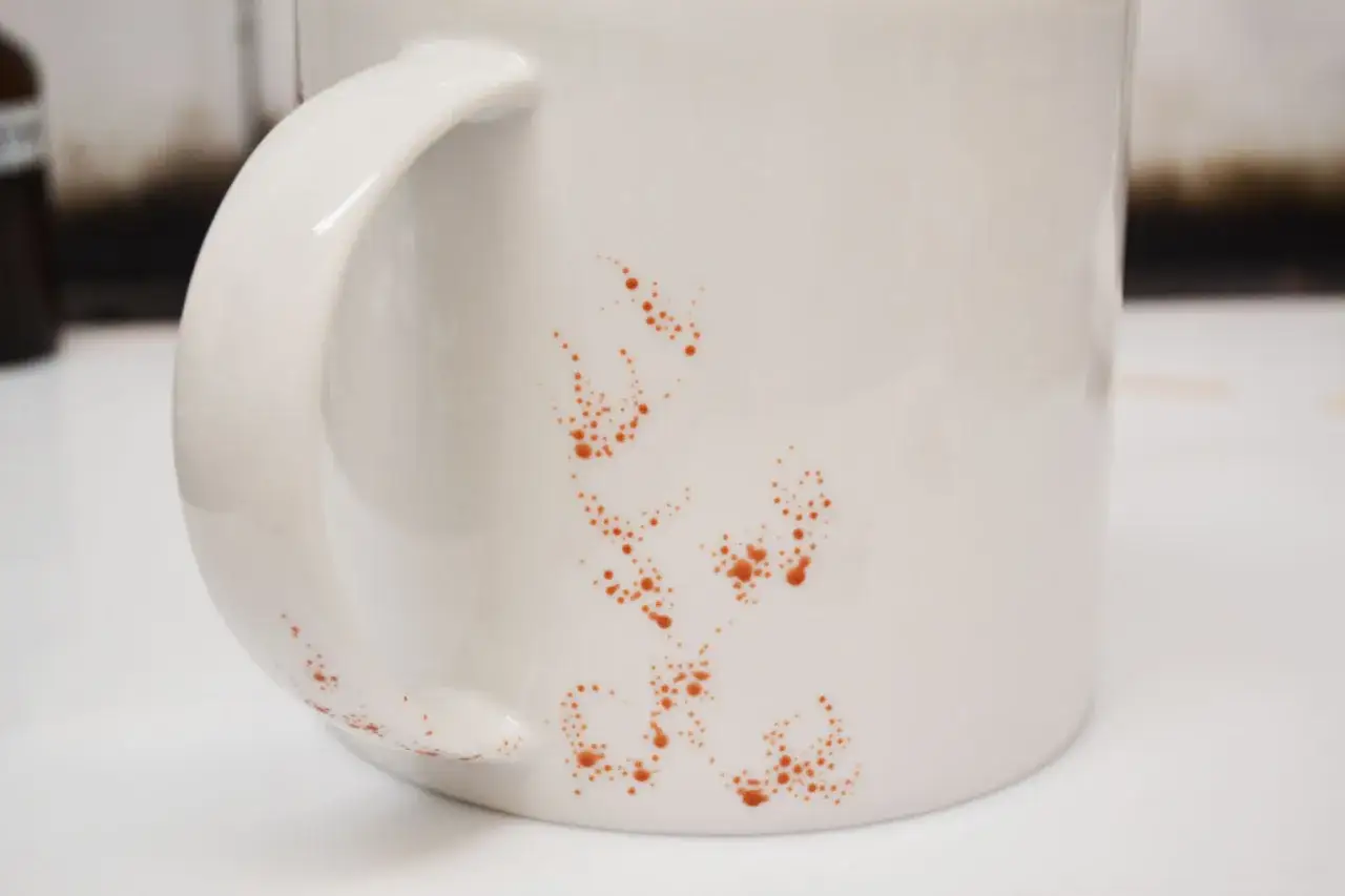 En vit mugg med orange prickar som ser ut som en konstnärlig dekoration. Ett roligt sätt att måla keramik hemma.
