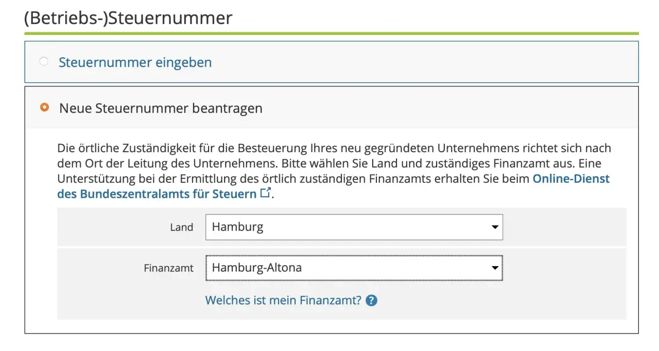 Formular zur Beantragung einer Steuernummer. Hier wird gefragt, wieviel darf ich nebenbei verdienen ohne anmeldung, indem Land und Finanzamt ausgewählt werden.