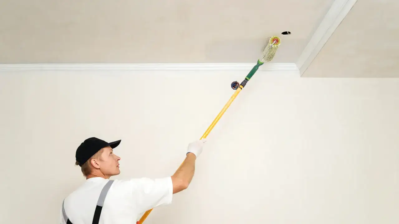Un peintre applique une couche de peinture sur le plafond, laissant des traces de rouleau à la lumière.