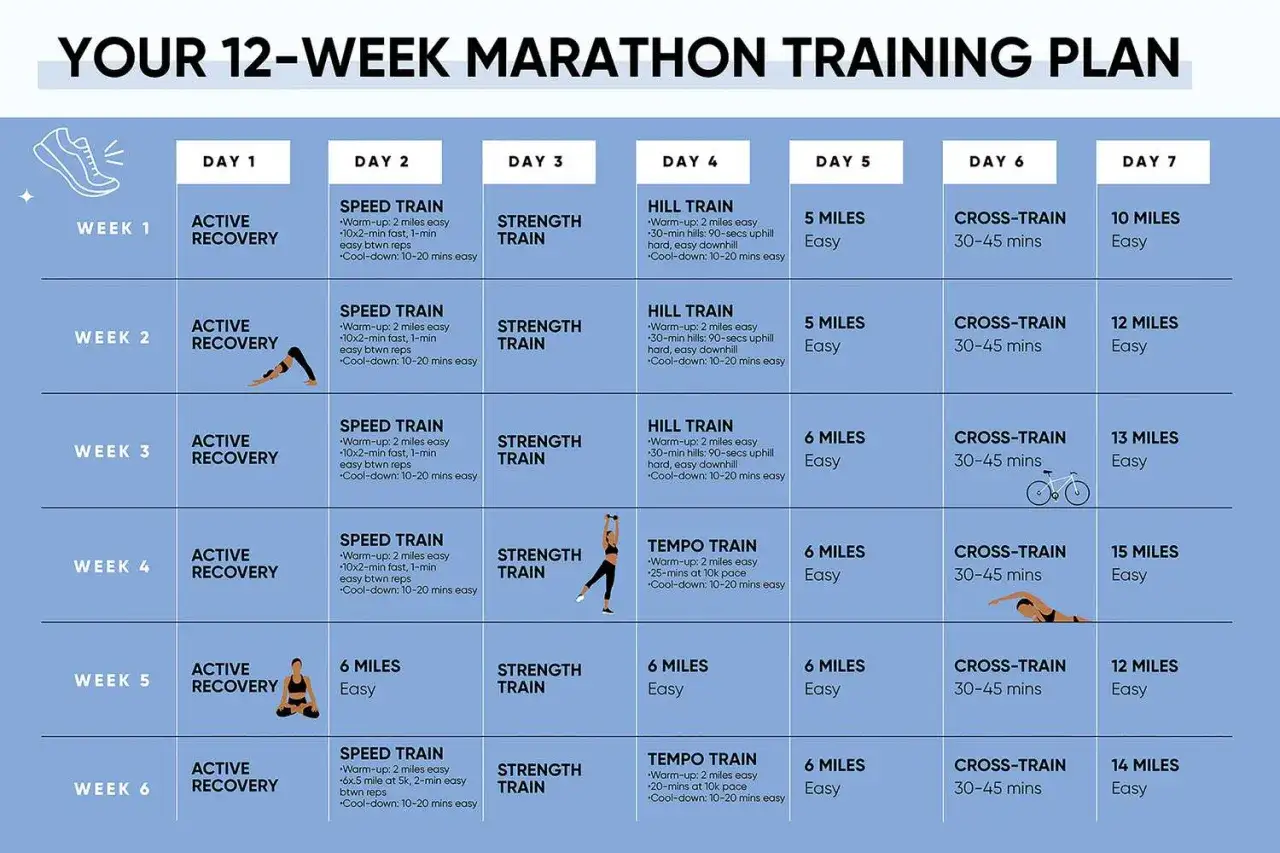 Tableau d'un programme d'entraînement de semi-marathon sur 12 semaines, détaillant les courses, le cross-training et la récupération.