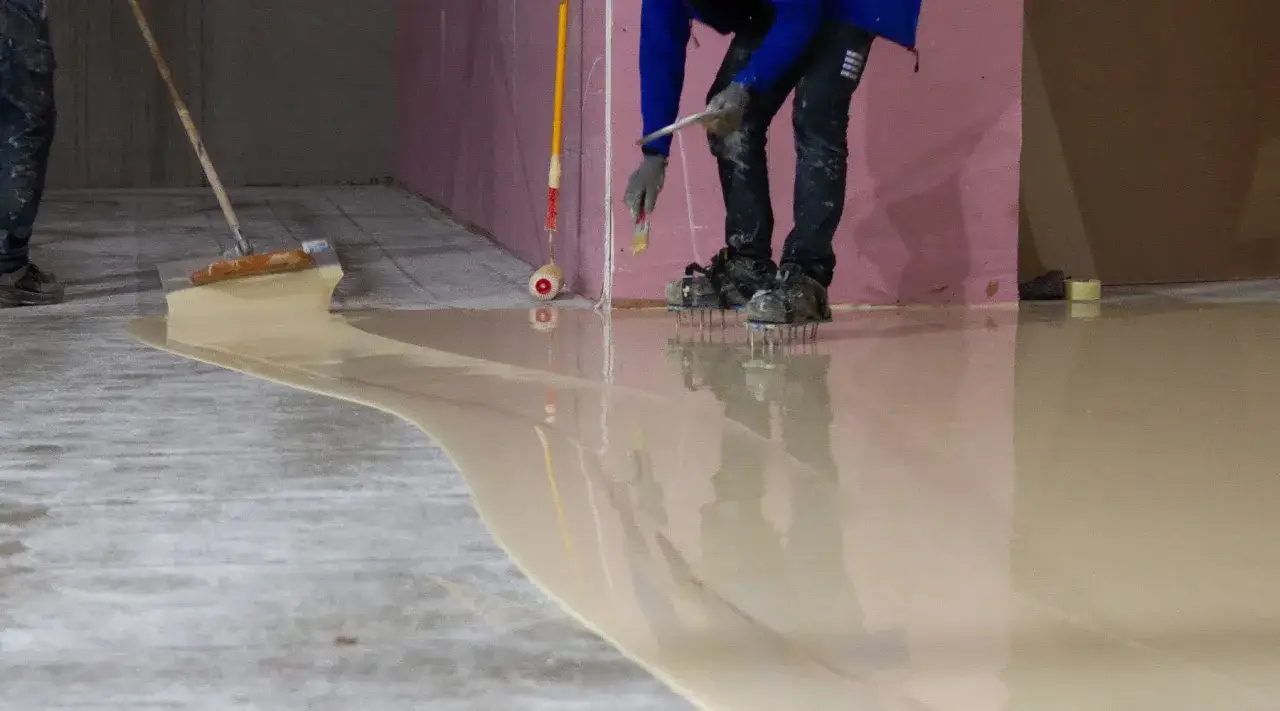 Arbeiter versiegeln mit einer Ausgleichsmasse den Boden. Eine glatte, flüssige Schicht breitet sich aus.