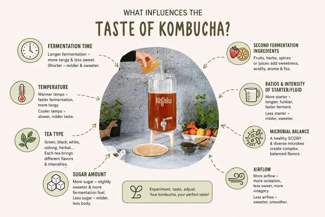 Infografika wyjaśnia, czy kombucha jest zdrowa, pokazując czynniki wpływające na jej smak: czas fermentacji, temperaturę, rodzaj herbaty, ilość cukru, składniki drugiego fermentu, proporcje startera i r&oacute;wnowagę mikrobiologiczną.