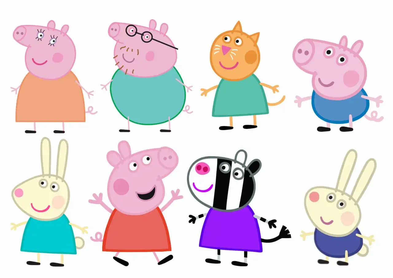 Rodzina Świnki Peppy i jej przyjaciele: Mama Świnka, Tata Świnka, Kotek, Świnka Peppa, Królik, Świnka George, Zebra i Króliczek.