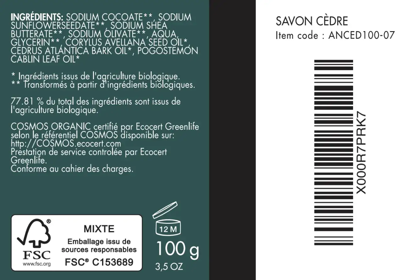 Mydło cedrowe z ekstraktem z kory cedru atlantyckiego. Składniki organiczne, certyfikat COSMOS ORGANIC. Waga 100g.