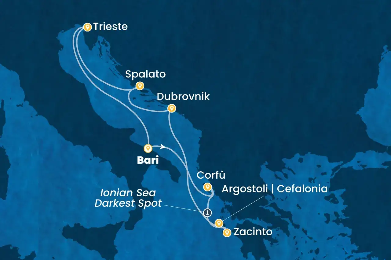 Mappa di crociere a settembre a basso costo: da Trieste a Spalato, Dubrovnik, Bari, Corfù, Argostoli, Zacinto, esplorando il Mar Ionio.