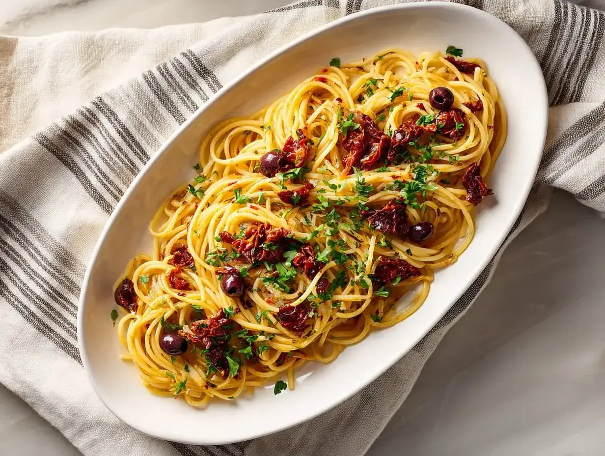En sk&aring;l med spaghetti toppad med soltorkade tomater, oliver och persilja. Ett enkelt och gott pasta puttanesca recept.